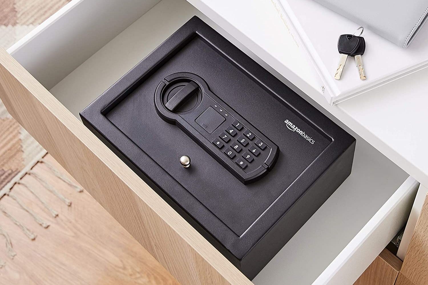 The best home safe option tucked inside a desk drawer