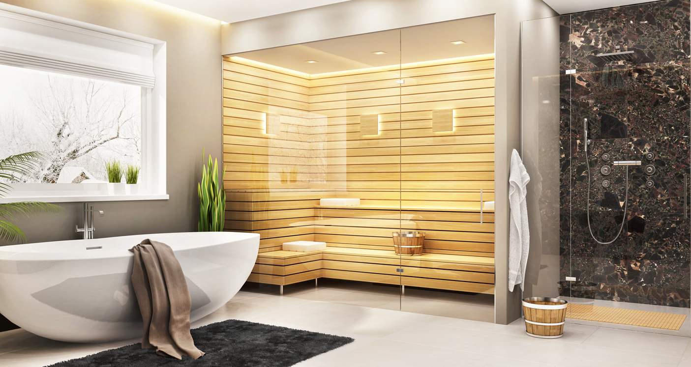 The Best Steam Shower in a large, dark-tiled shower next to a massive indoor sauna and freestanding bathtub.